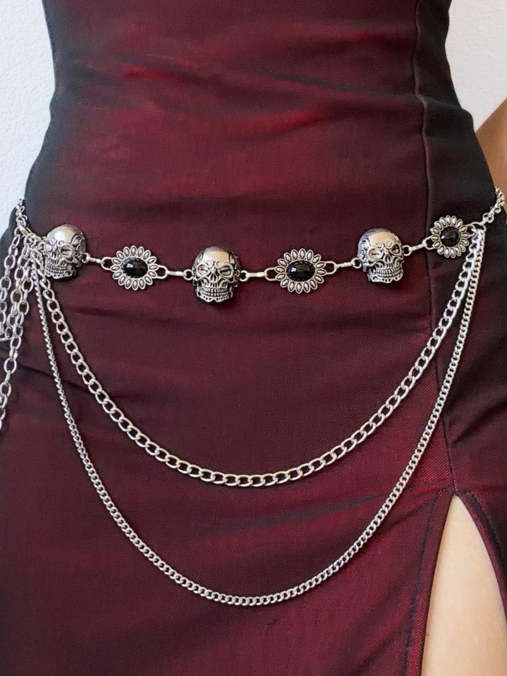 SILVER Skull Black Flower Halloween Gothic Punk Metal Body Chain Belt